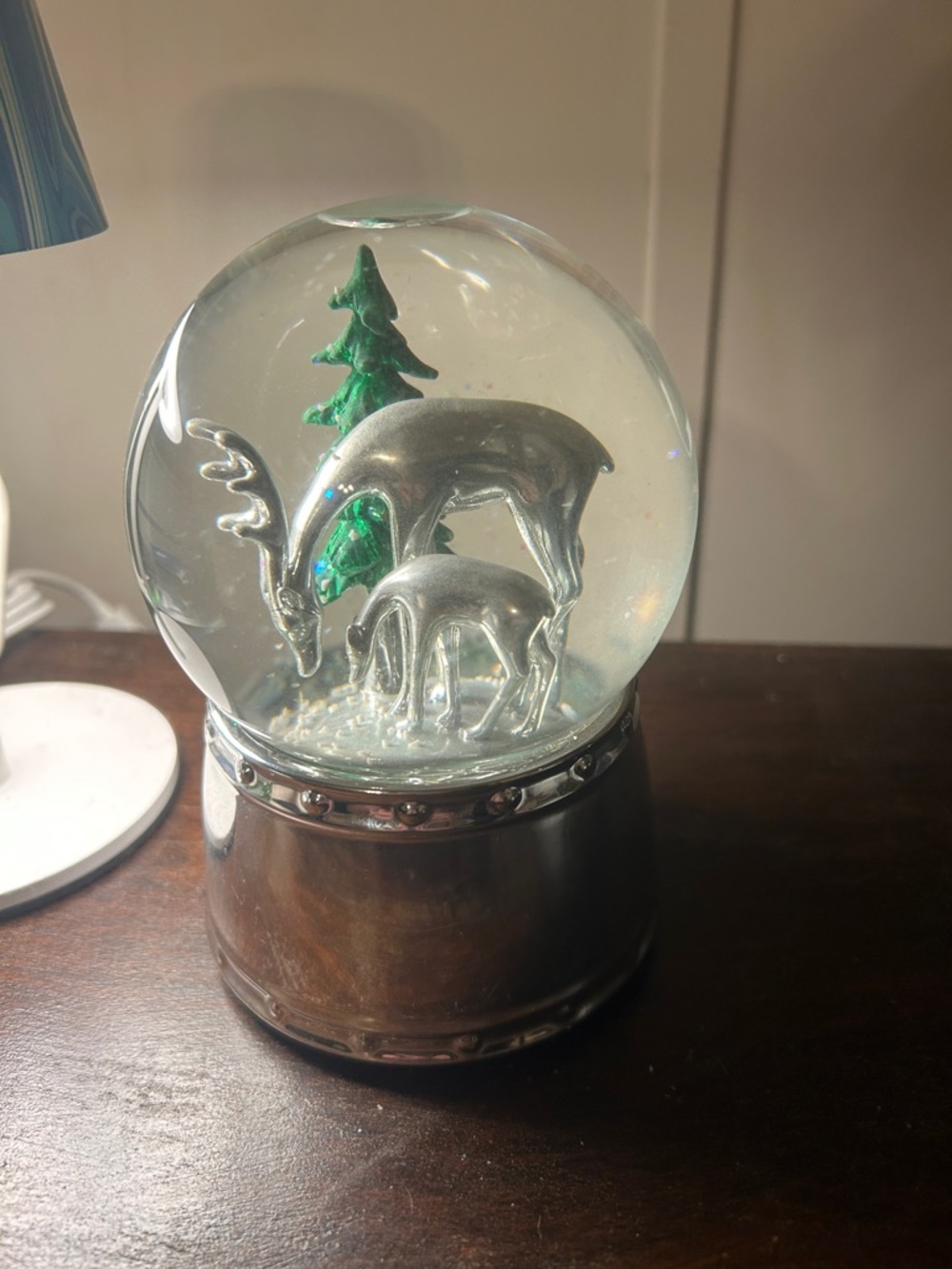 Holiday Deer Snow Globe - Silver and Green